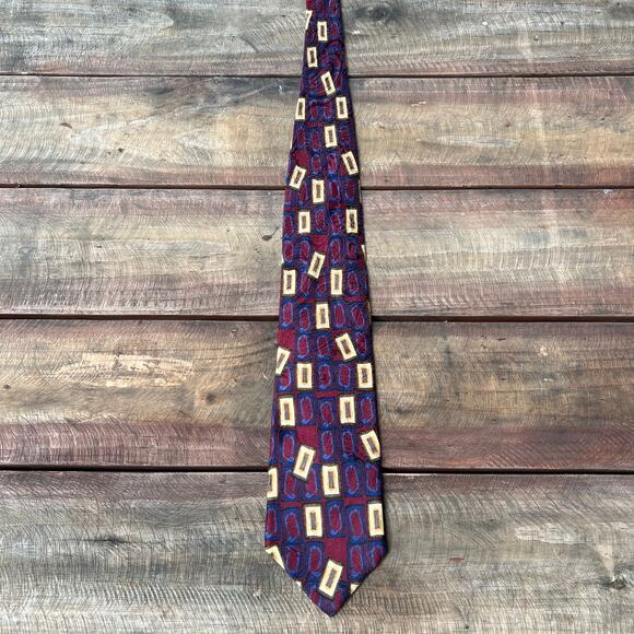 Vintage 90s JZ Richards Nordstrom Silk Tie | Burgundy Gold Geometric Made in USA - Picture 2 of 10